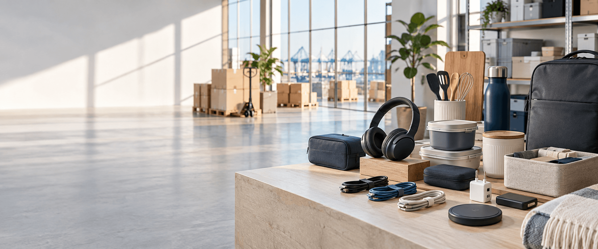 Curated consumer goods and electronics accessories in a modern trade showroom